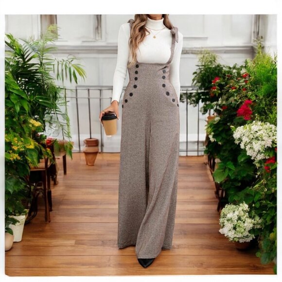 Boutique Pants - Elegant women's herringbone-patterned shoulder strap wide-leg pants with straps